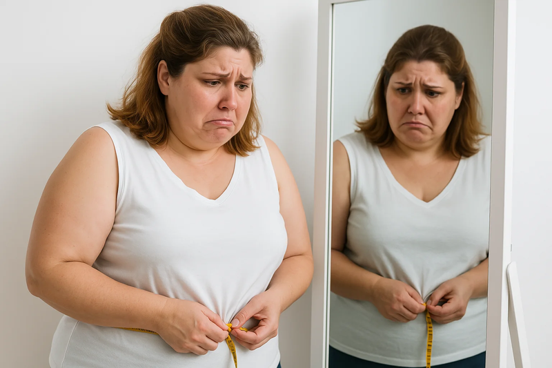 A fat woman measures her belly