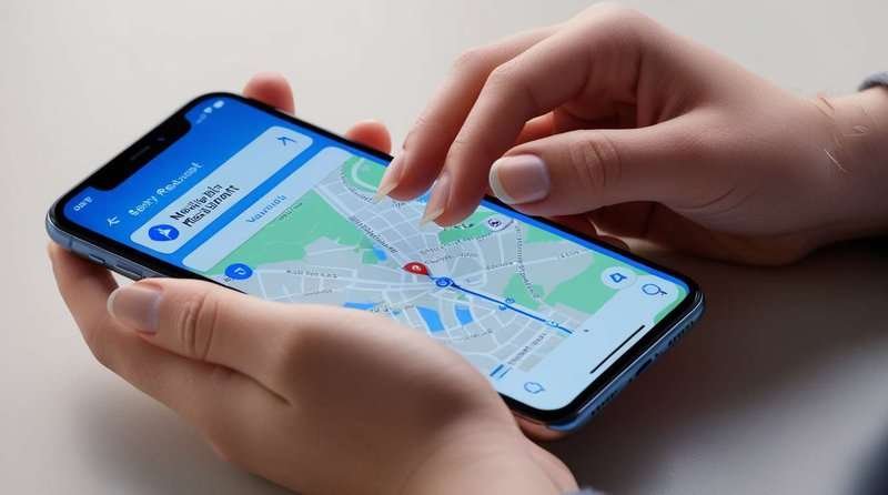 hands holding a smartphone, on the screen of which navigation on maps - restaurant search