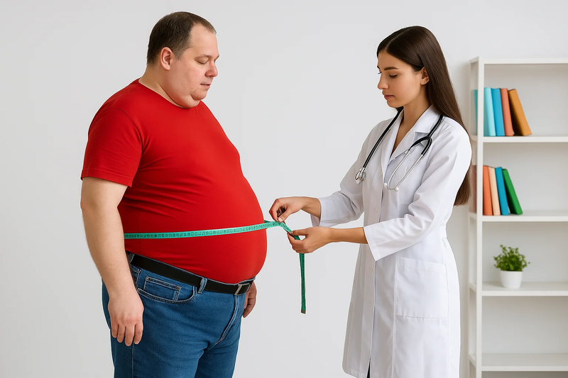 A doctor measures the waist of an obese man