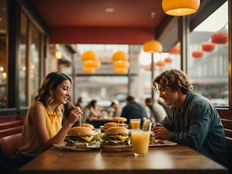 Young people eating a cheese burger